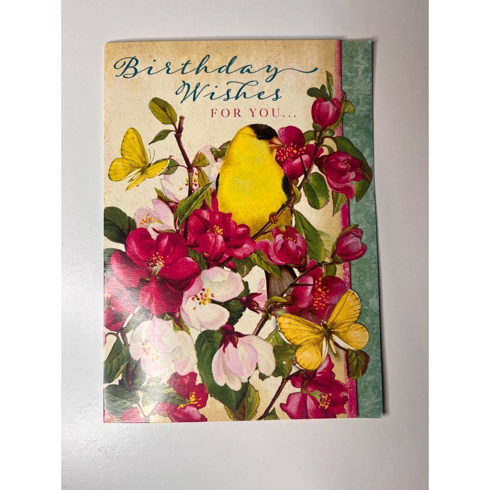 Garden Inspirations Yellow Bird Pink Flower & Butterflies Happy Birthday Card
